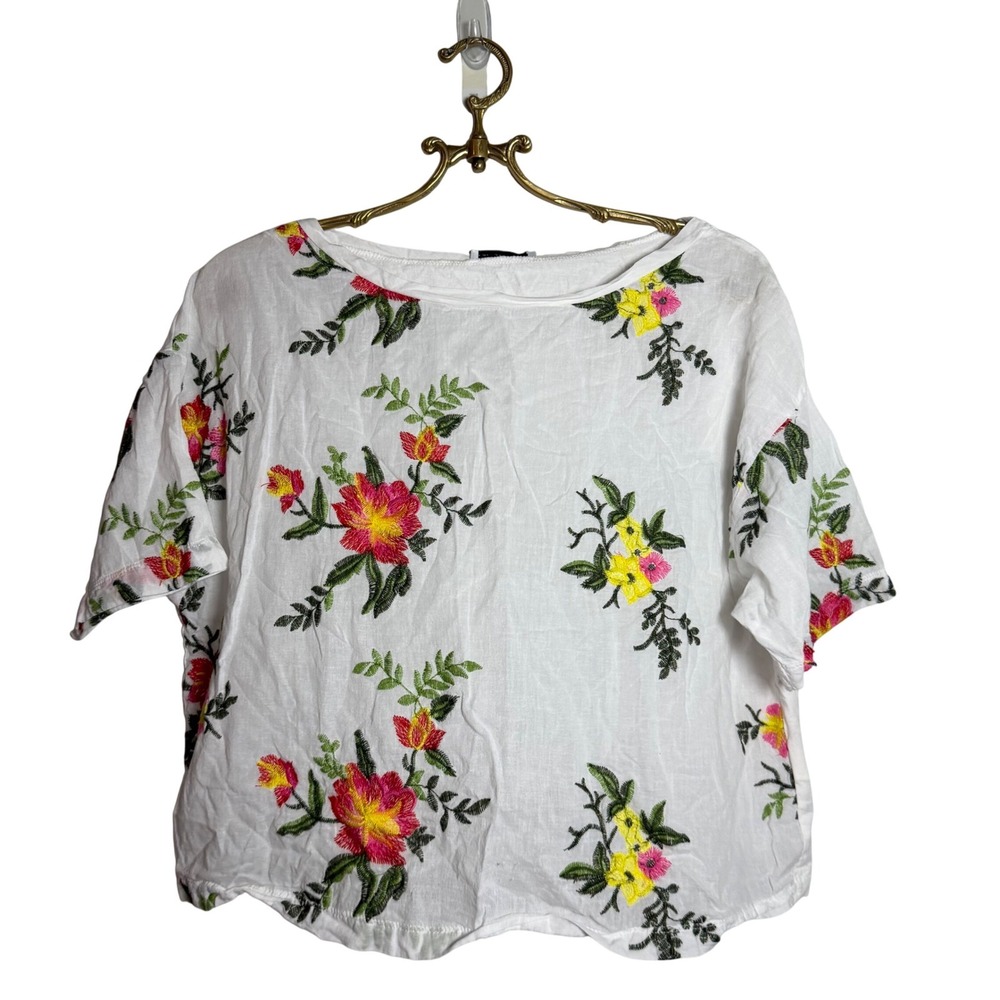 Zara Basic White Cotton Floral Embroidered Boxy Short Sleeve Top Womens Large